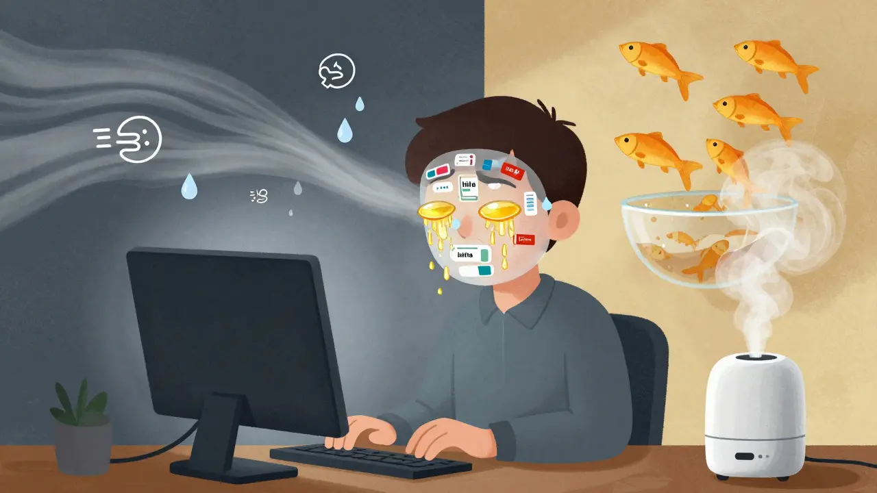 抽象的な超現実主義スタイルのイラスト：薬のラベルでできたマスクをした人物の後ろに、乾燥する風と加湿器の霧、オメガ3の魚が並ぶ二つの世界が描かれている。