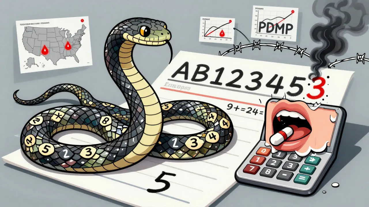 DEA番号が蛇になり、数字が鱗となって数学的検証が行われる不思議な情景。