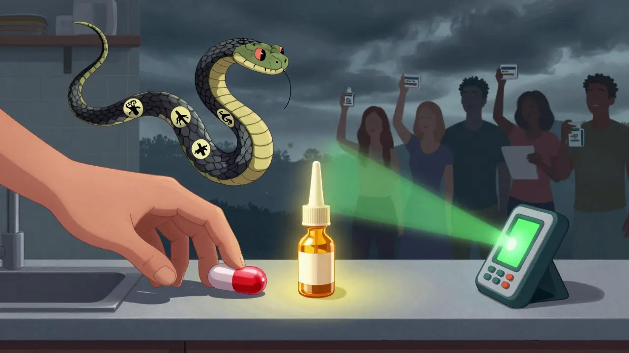 錠剤が蛇に変化する瞬間と、ナルキソンと検出キットが光を放つ、過剰摂取防止の象徴的なシーン。