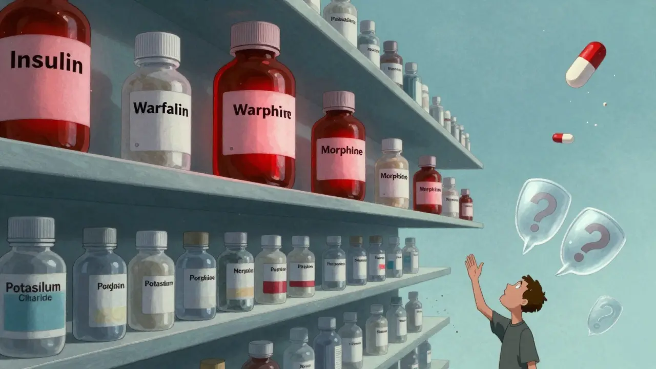 高リスク薬の巨大な赤い薬瓶が空に浮かび、患者が質問の盾を発している超現実的な風景。