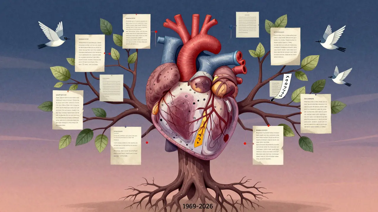 患者の心から生える報告データの木とAIの鳥が舞う、言語の壁と未来の包括性を象徴する surreal 風景。