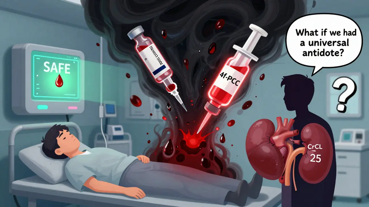 緊急時の中和剤が出血の渦を止める様子。腎機能値と即時検査装置が未来医療を象徴する。