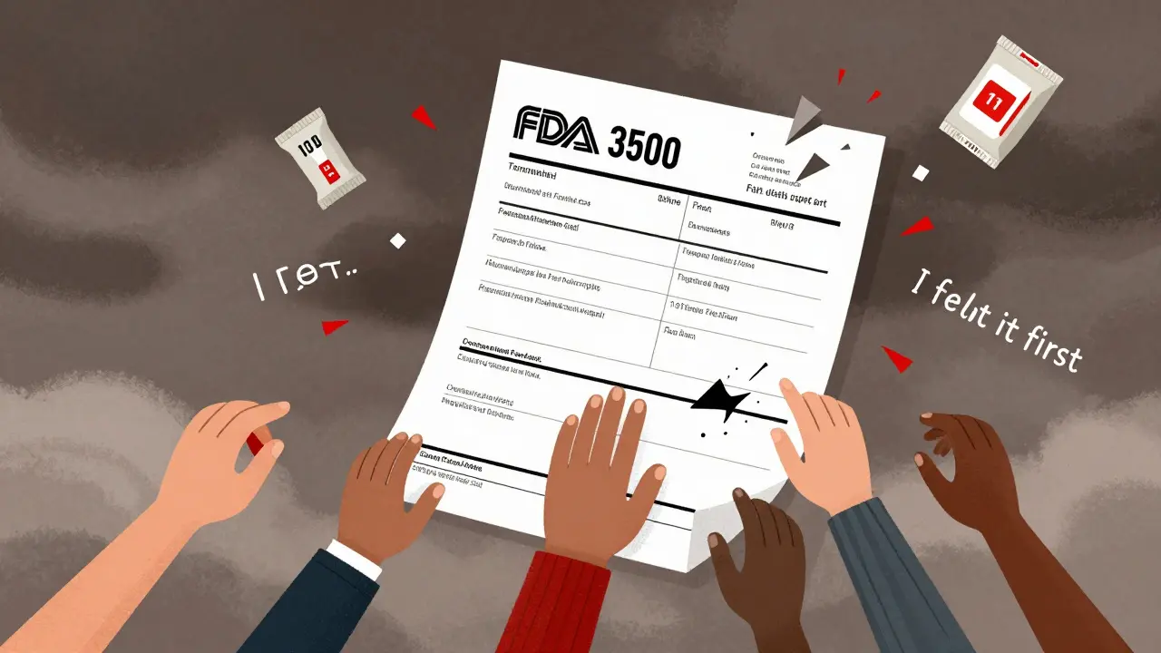 巨大なFDA報告書に多くの手が書き込みを試み、製品パッケージとロット番号が嵐の中を漂う抽象的構図。