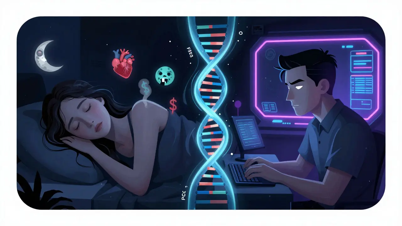 女性と男性の二重顔。片側は真夜中の睡眠、もう片側は明るい作業場。遺伝子の軌道が体をつなぎ、病気と経済的損失が煙のように立ち昇る。