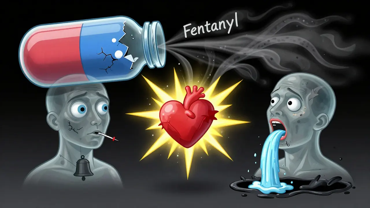 オピオイド、刺激剤、鎮静剤の過剰摂取を象徴する三人の頭部が、それぞれ異なる危険症状を表現した超現実的な構図。