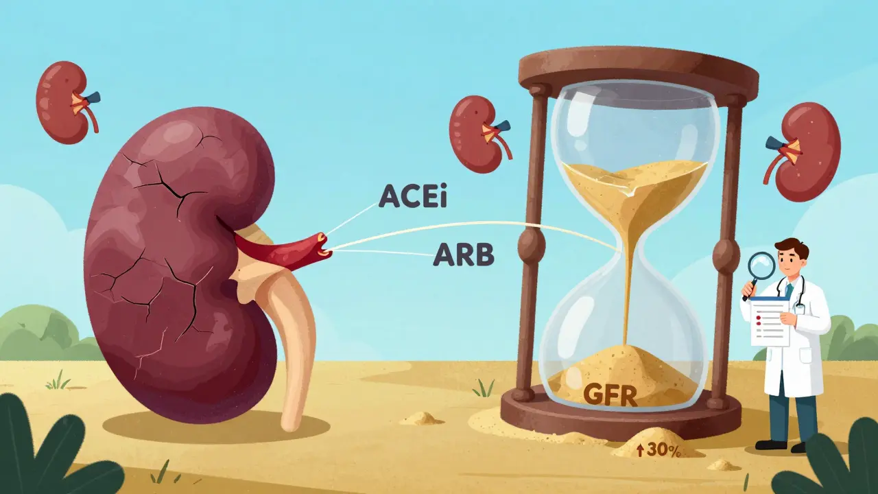 片側の健康な腎臓と、ACEiとARBに引きずられる萎んだ腎臓の対比を描いた超現実的図解。