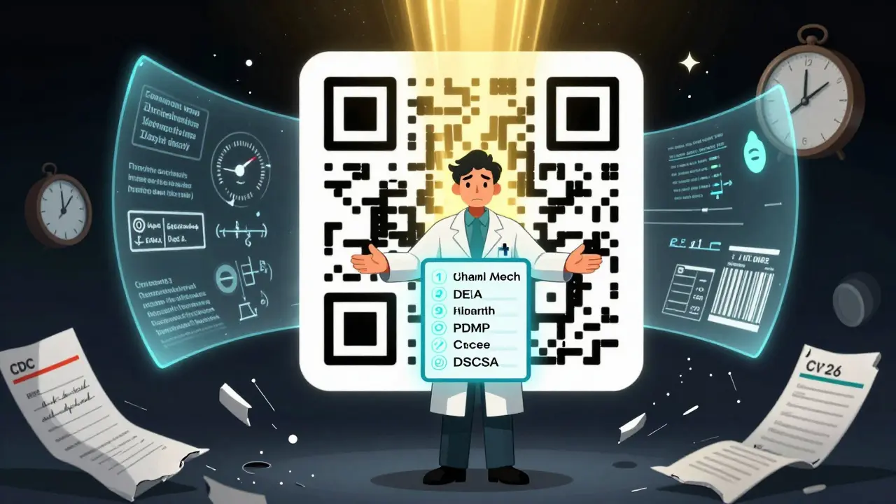 QRコードから患者の履歴が投影され、薬剤師が5つの確認ポイントをチェックしている。