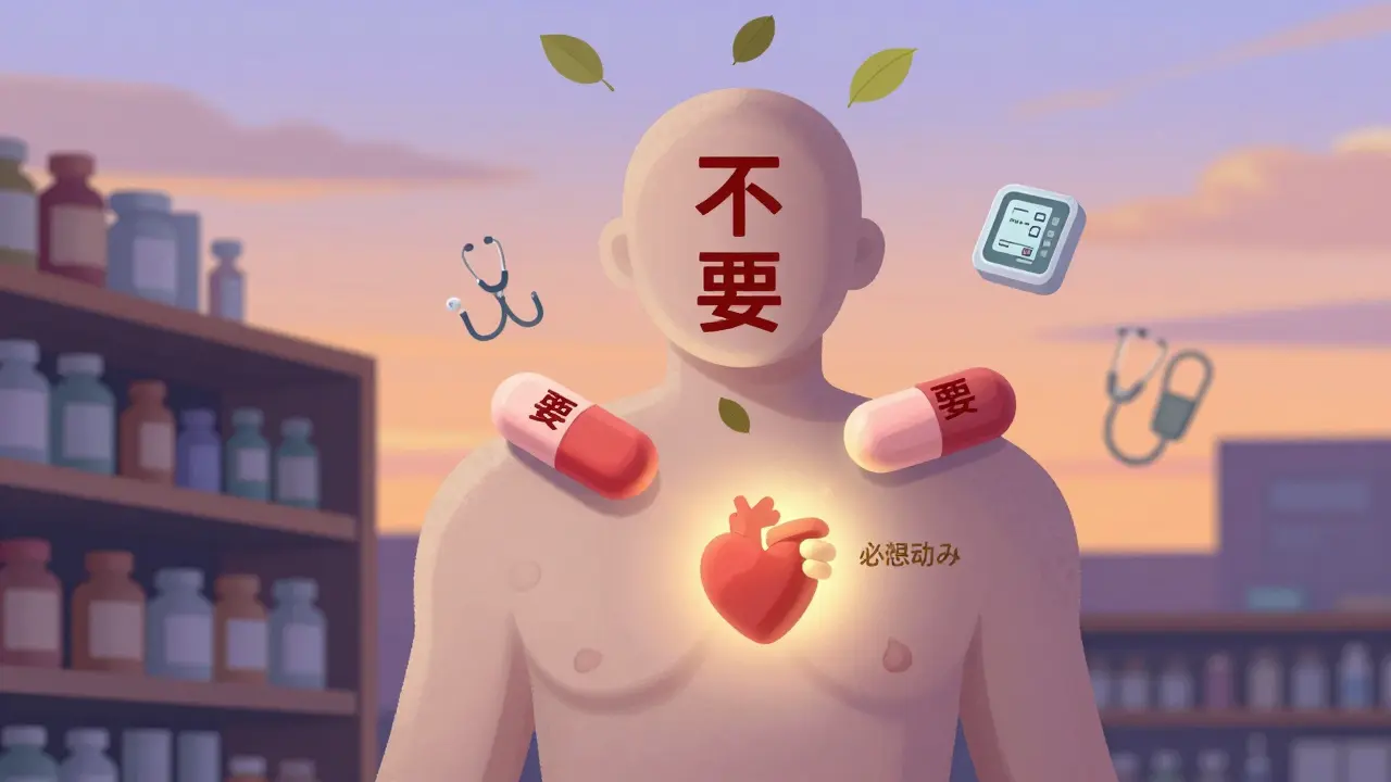 人間の体の形をした薬局棚から不要な薬が落ち、必要な薬だけが光っている。