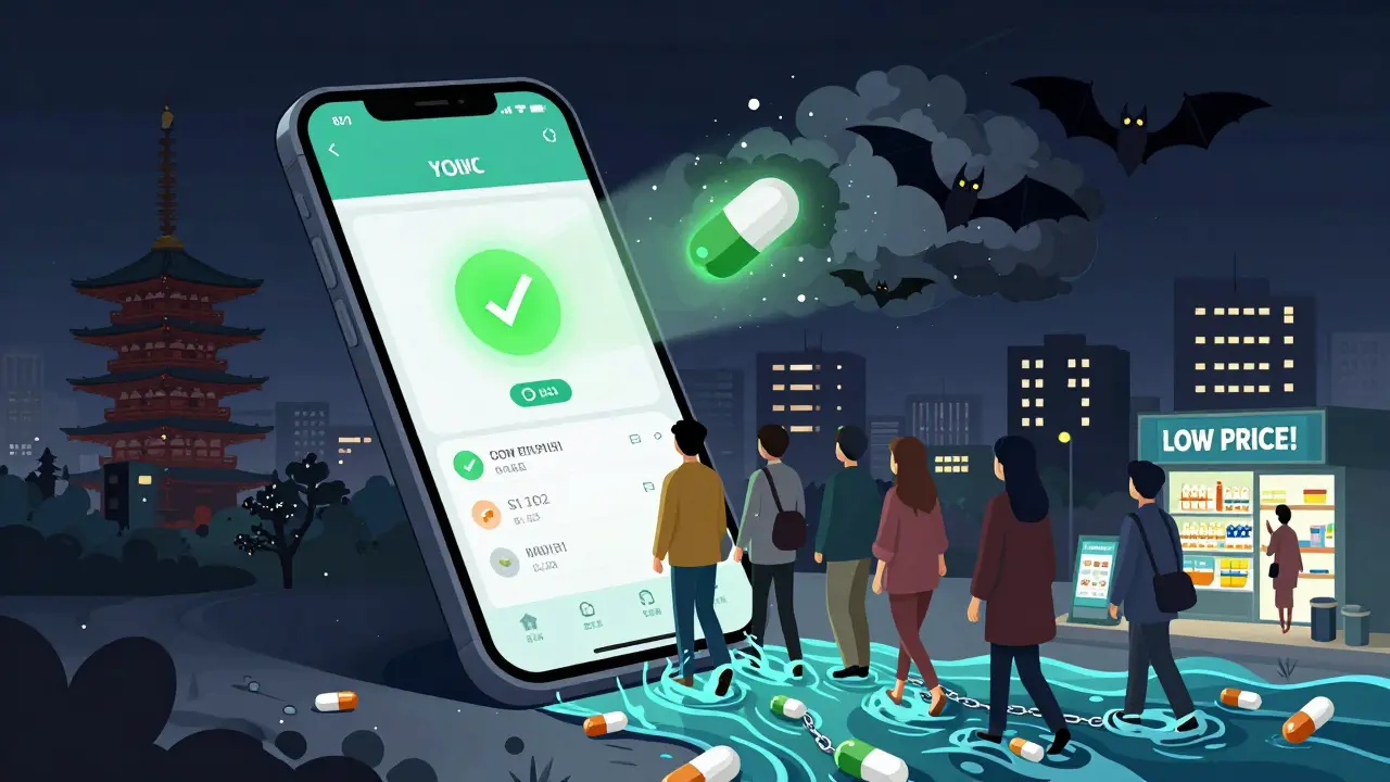 スマートフォンの画面が薬をスキャンし、本物は緑に輝き、偽物は毒蝙蝠に変化して爆発する。