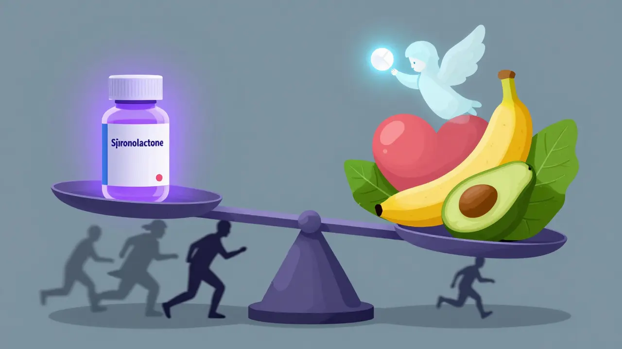 スピロノラクトンと食品がバランスを保ち、他の薬が落ちる surreal なバランススケール。