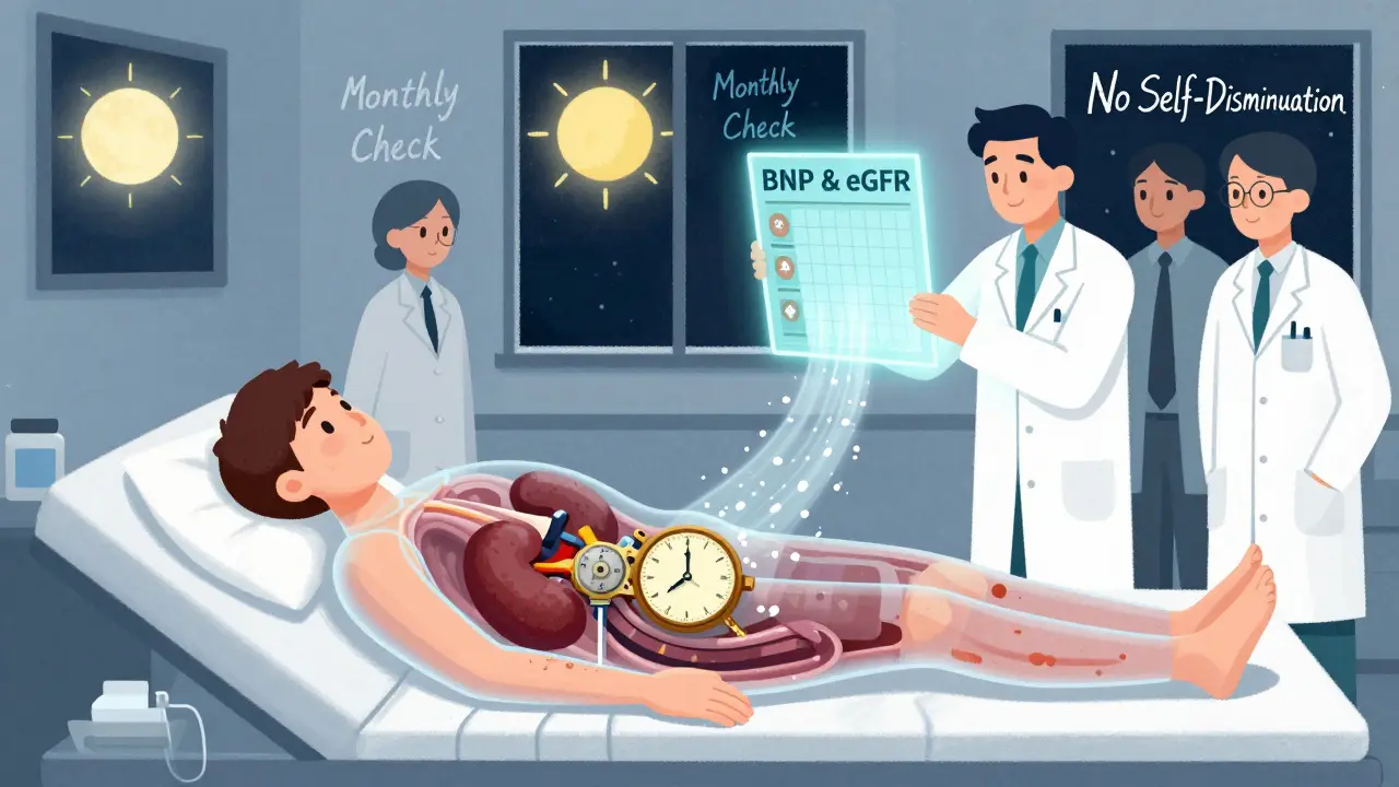 体内でカリウムが尿中に排出される仕組みを時計仕掛けで表現した抽象図。