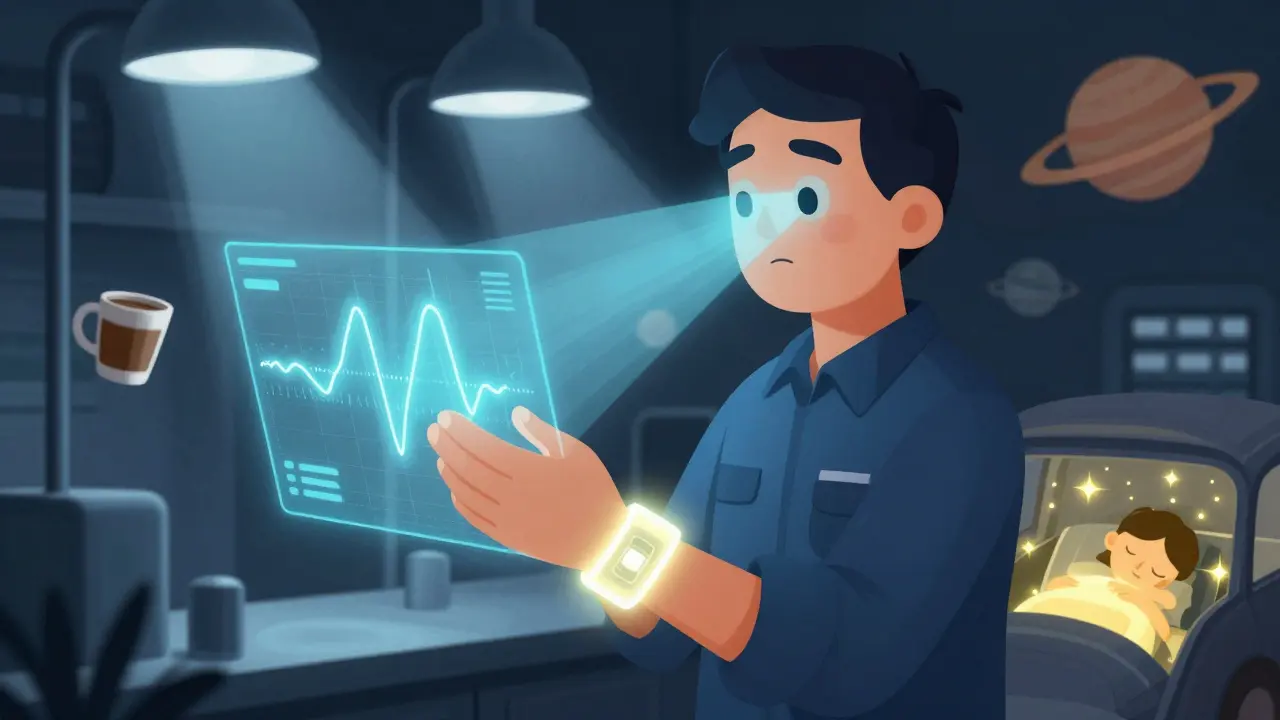 ウェアラブルデバイスが体内時計を可視化し、コーヒーのカップが浮遊する中、車の中で短い昼寝をする労働者が光っている。