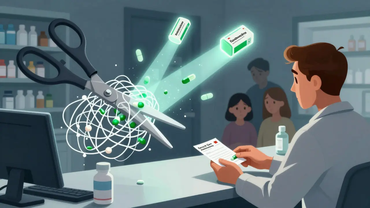 薬局で危険な市販薬が切り捨てられ、安全な第二世代抗ヒスタミン薬に置き換えられる光景。