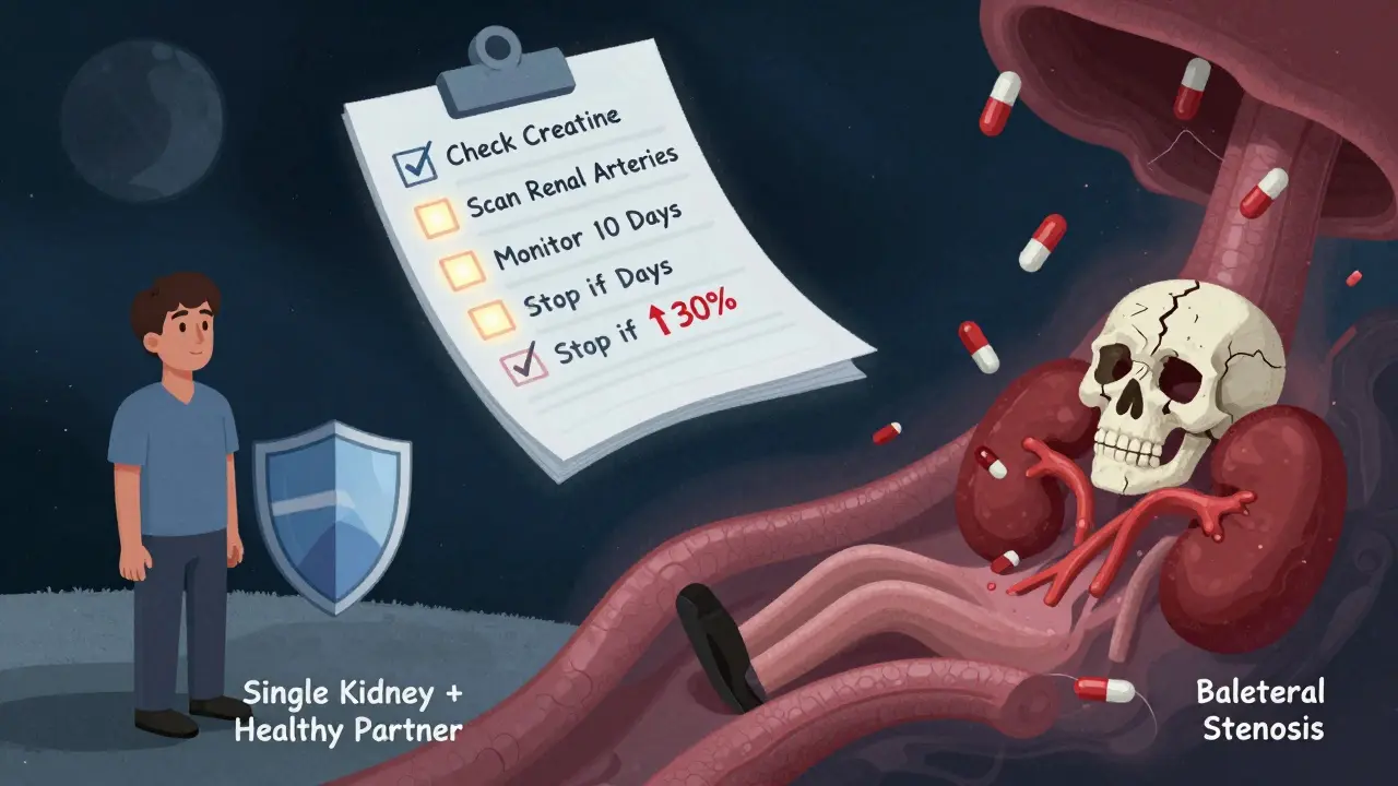 医師のチェックリストが浮かび、両側狭窄の患者が暗闇に吸い込まれる抽象的な医療警告シーン。