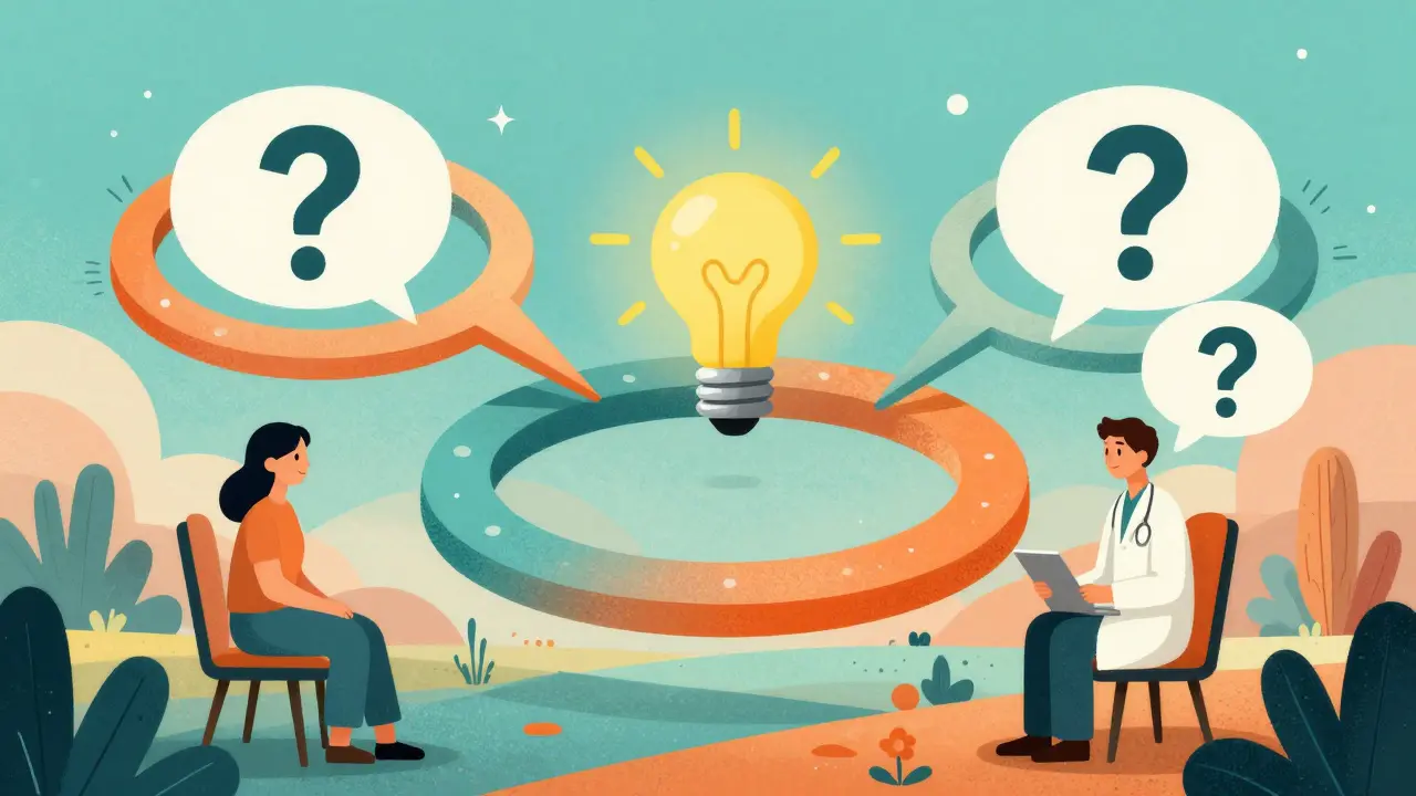 質問、説明、確認の三段階を示すリングと対話バブル。医師と患者の抽象的な会話。