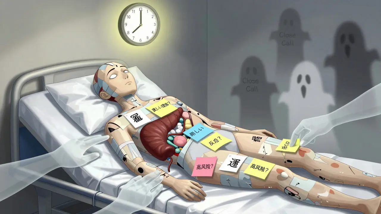 紙でできた人間の体に日本語のメモが貼られ、安全を守る質問が浮かぶ surreal な医療シーン。