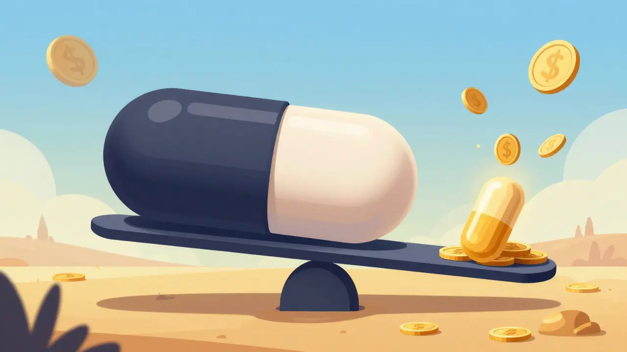 重いブランド薬と軽いジェネリック薬のバランス。コインが飛び出す金色の薬でコスト削減を表現。