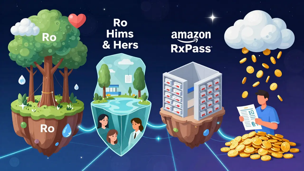 4つの医療アプリが異なる surreal な島として描かれた世界。