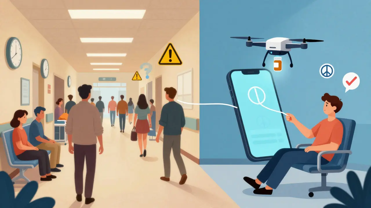 病院とアプリによる薬の受け取りを対比した surreal なシーン。