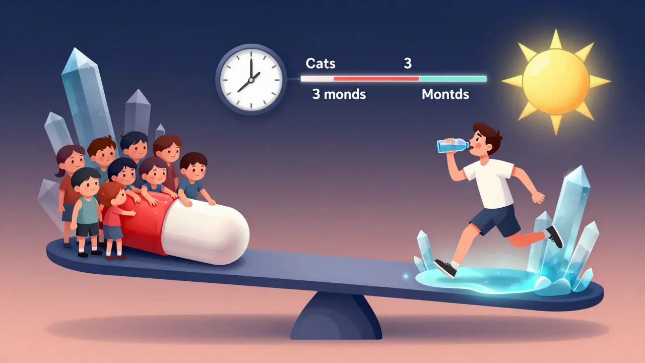 チアジドとアロプリノールのバランスを天秤で示し、生活習慣改善の象徴が回復を表す抽象的イラスト。