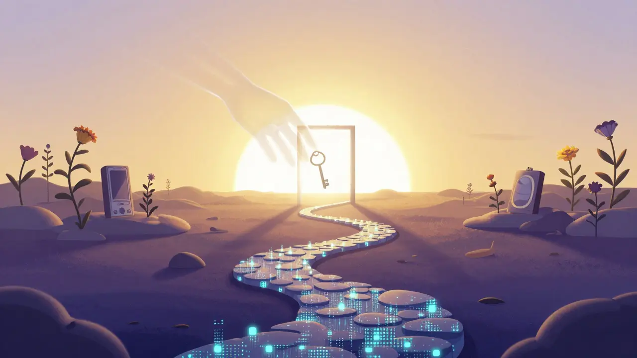 デジタルと自然が融合した道を進む希望ある未来の光景