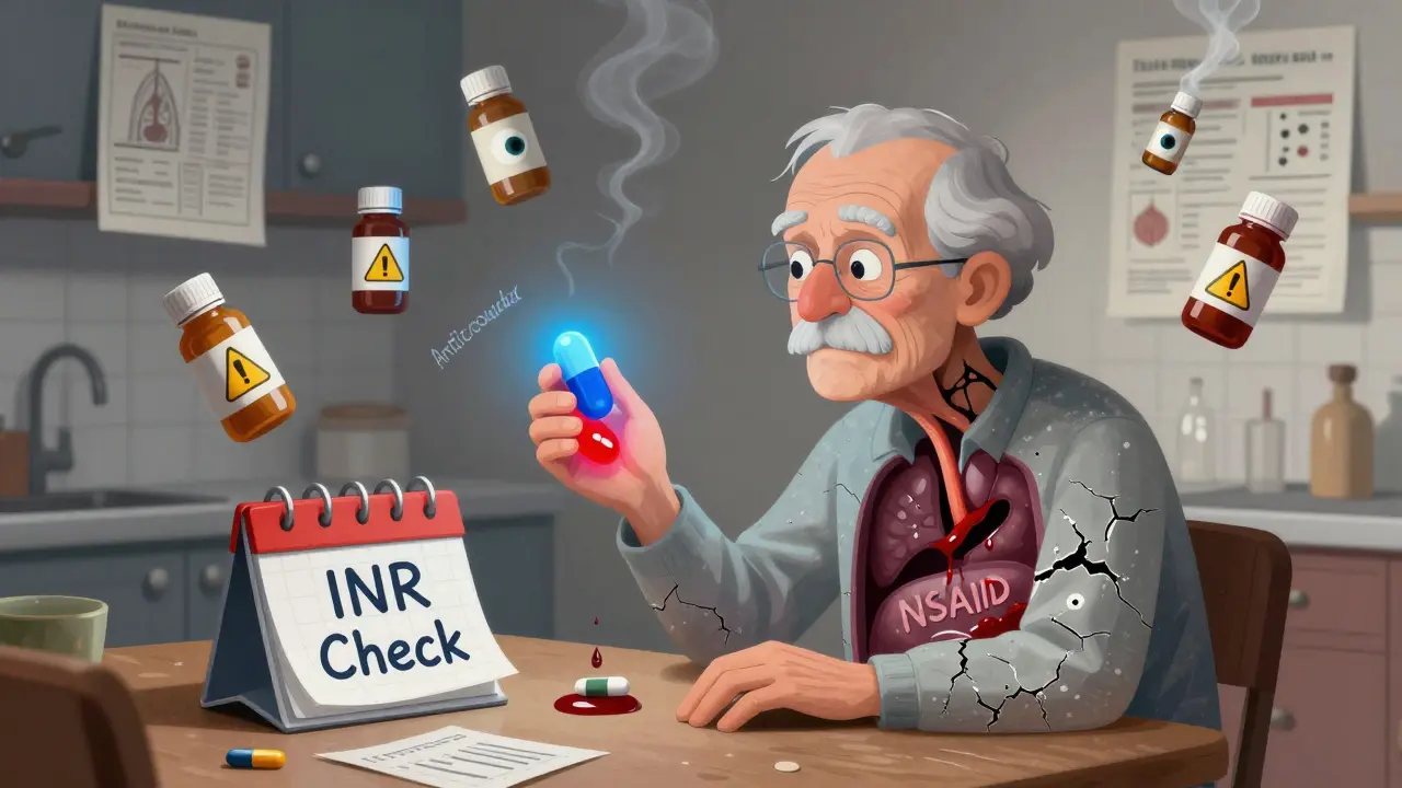 高齢者が二つの薬を飲んで体内から出血する超現実的な情景、INR検査のカレンダーが浮かぶ。