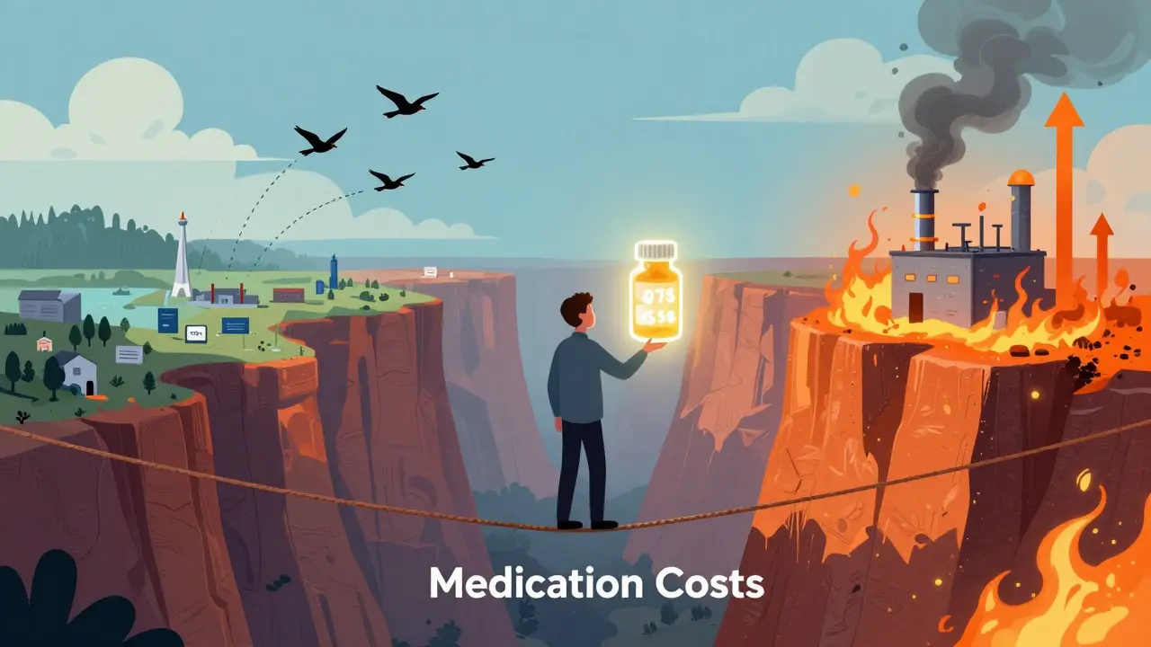 患者が薬の価格の崖を渡り、一方は安定、他方は暴騰する様子を象徴的に描いたイラスト。