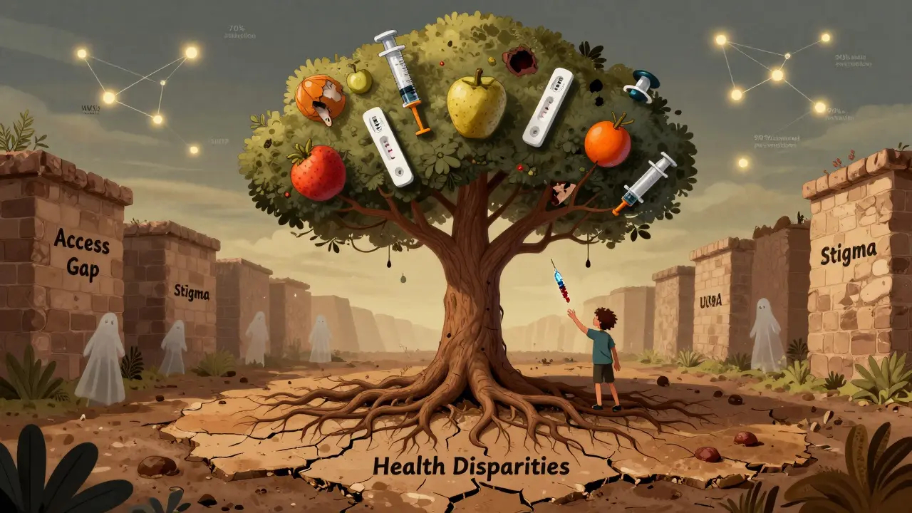 健康格差の根から生える木に、検査キットやコンドームの実がなるが、一部は腐っており、アクセスの壁に阻まれている様子。