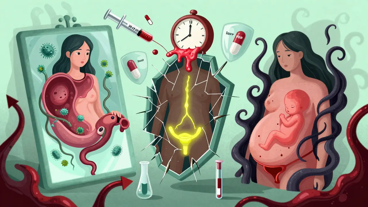 女性の子宮、男性の尿道、妊婦の胎児を象徴する歪んだ鏡の三面と、ドキシサイクリン予防カプセルが浮かぶ幻想的なシーン。