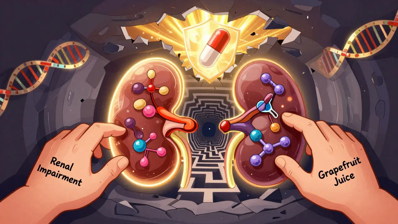 腎臓が迷路になり、薬の分子が閉じ込められている。未来の薬が光を放って抜け出している。