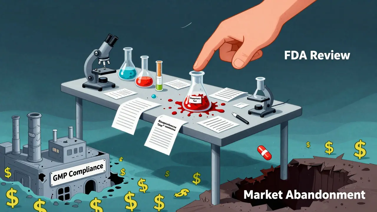 審査失敗の試薬が漏れ、工場が崩壊し、経済的損失の海に沈む抽象的な科学実験の風景。