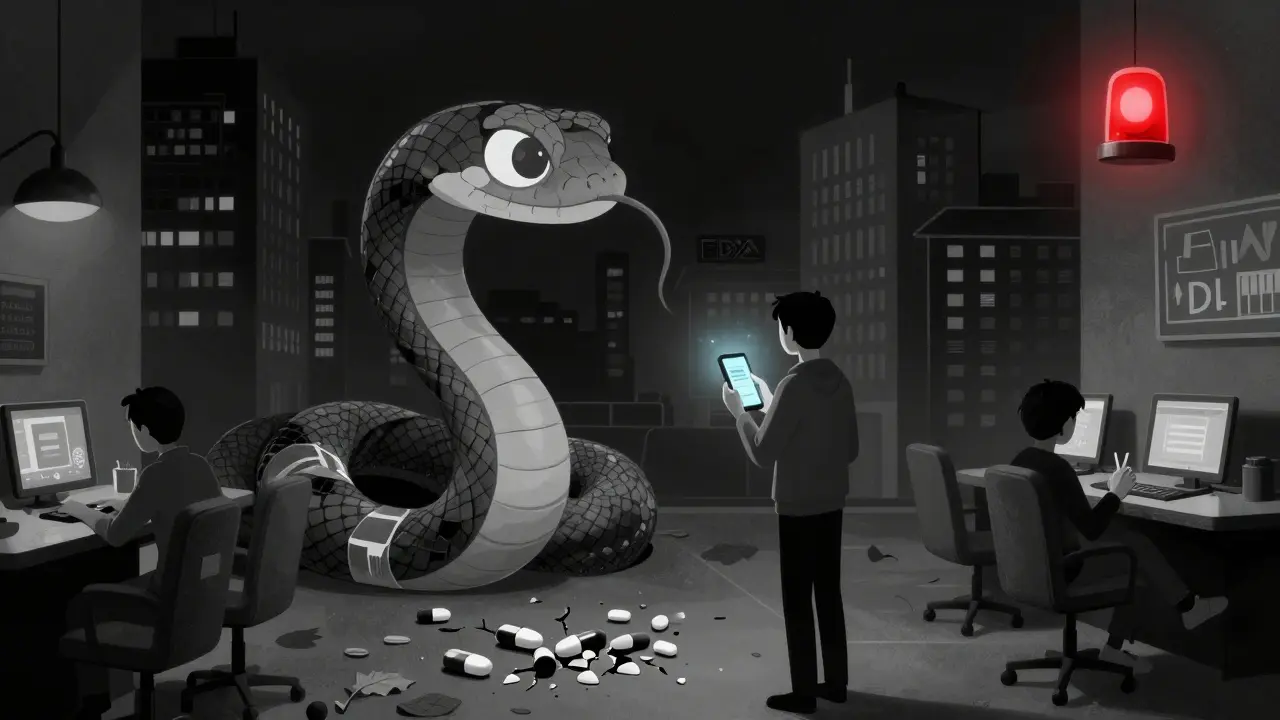 スマホで偽薬広告を見ている人物の背後に薬の包装テープでできた蛇が巻きつく光景。