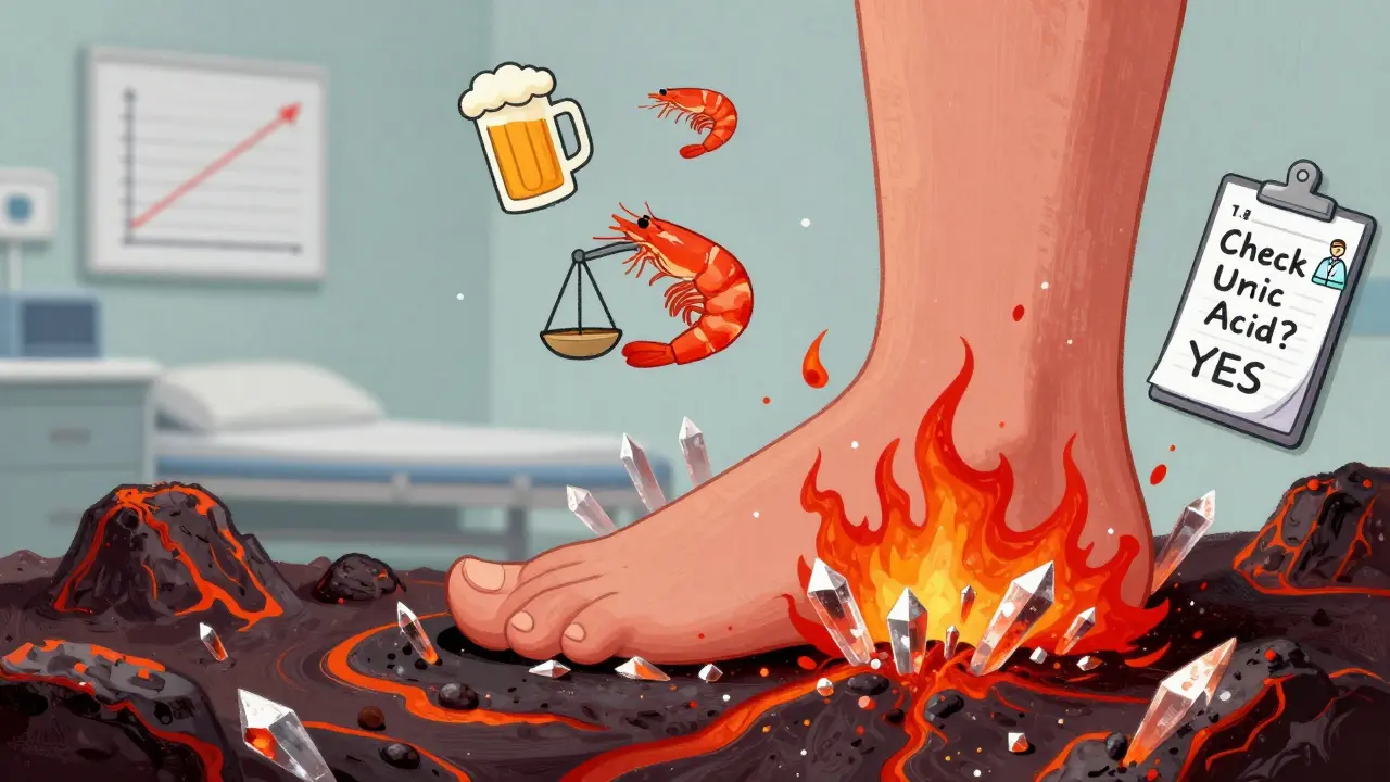 痛風の発作を火山噴火のように表現した足のイラストで、ビールやエビの象徴が周囲に浮かぶ。