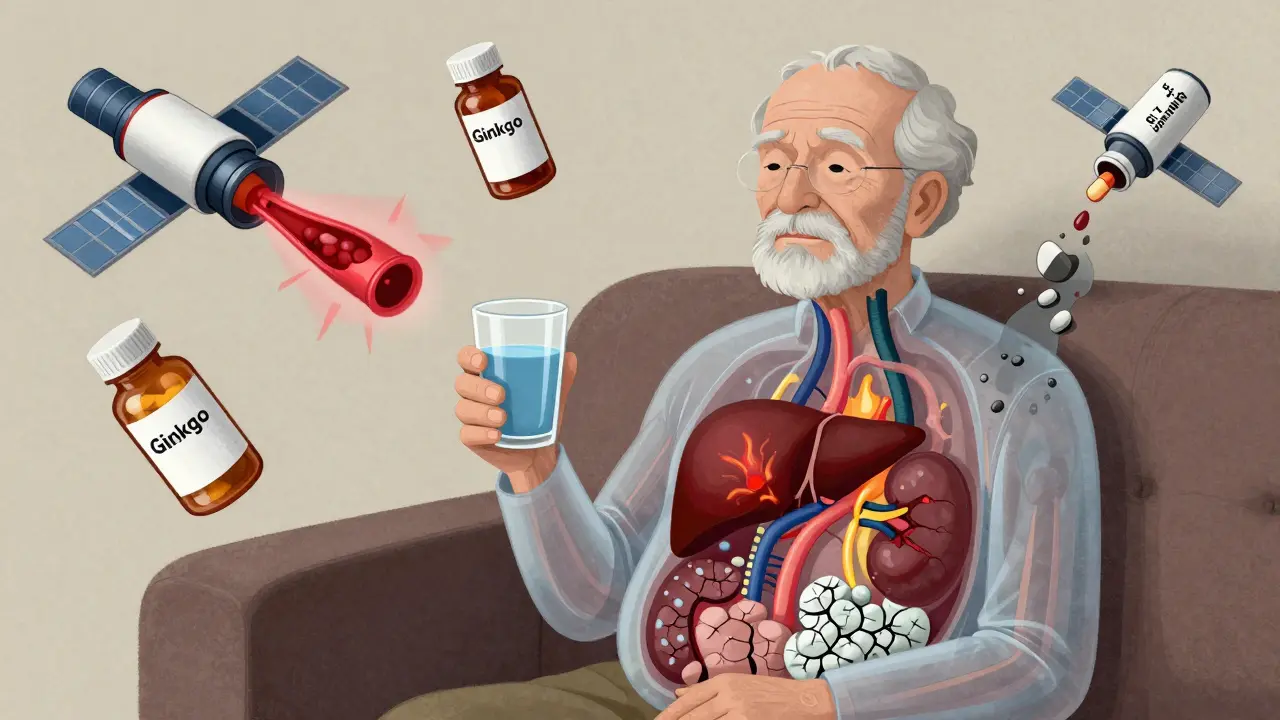 透明な体の高齢者から内臓の異常が見える様子。ギンコウと抗凝固薬の危険な相互作用を象徴する赤い光線。