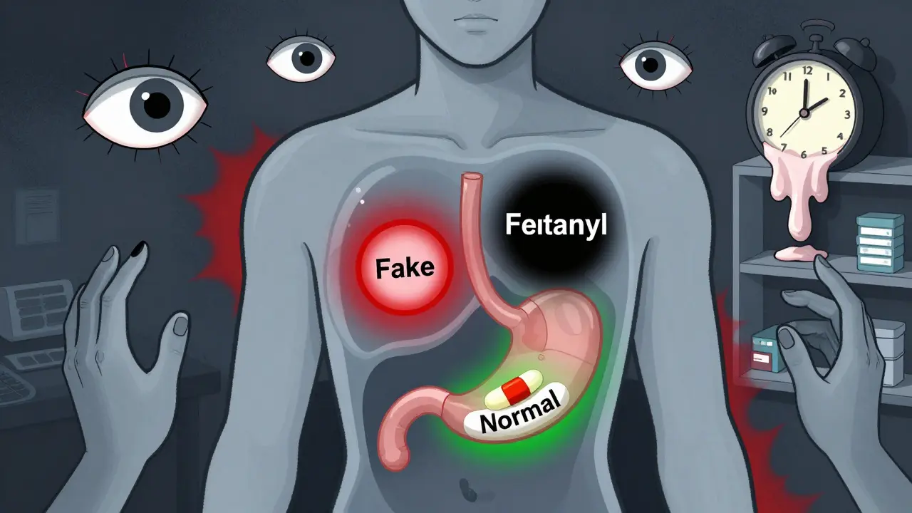 胸の内側に偽薬とフェンタニルが見える人間の体、異なる色のオーラを放つ。