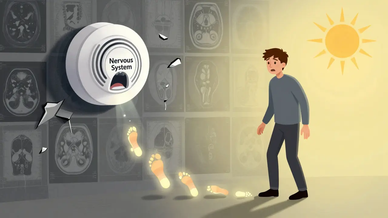 煙探知機の警報に怯える人物と、安全な歩行を示す光の足跡が描かれた抽象的なシーン。