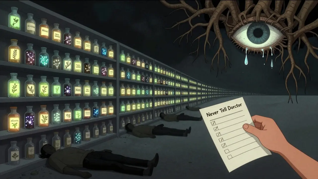 薬局の棚から落ちる人々の影。医師に伝えていないサプリメント使用を象徴する巨大な目が見守る風景。