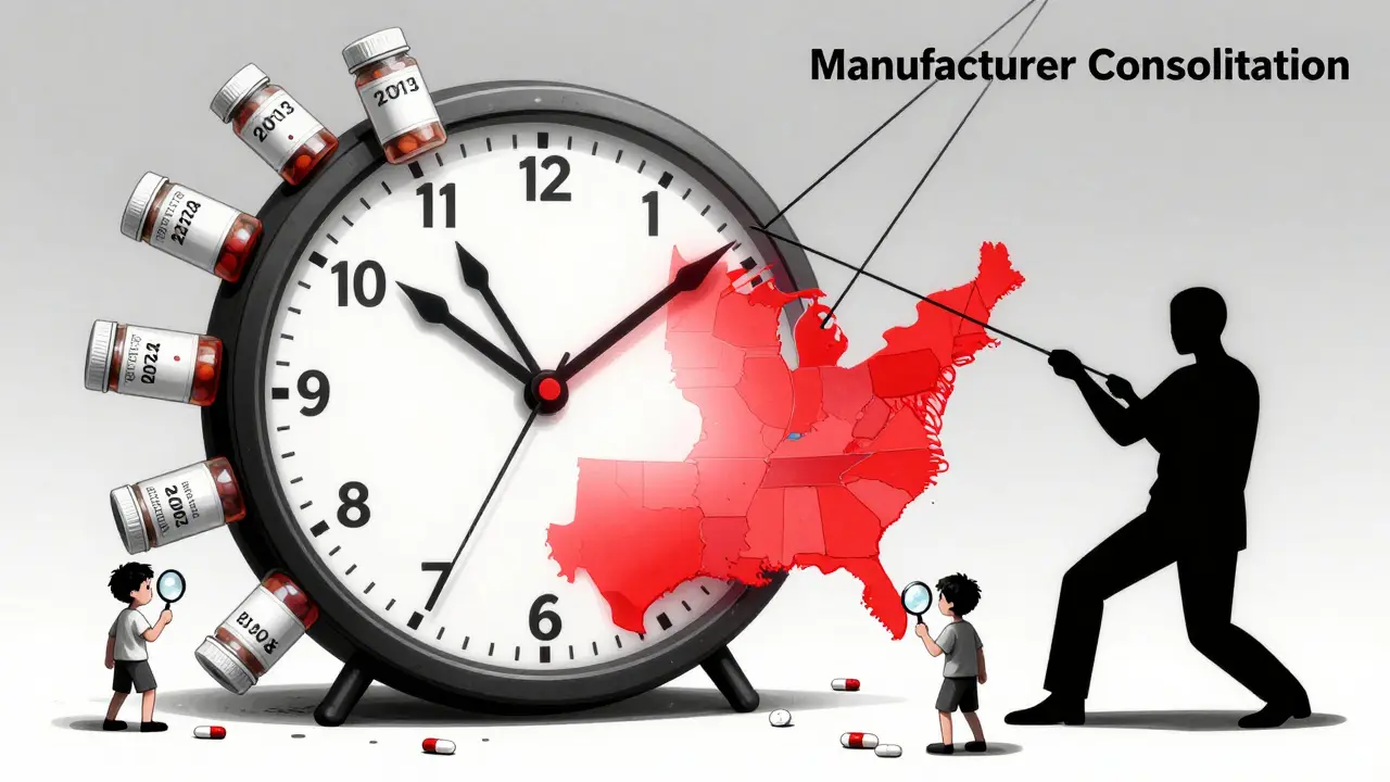 薬瓶でできた時計が年ごとの価格変動を表し、製造業者の集中が影響を及ぼす様子を描いた抽象的な構図。
