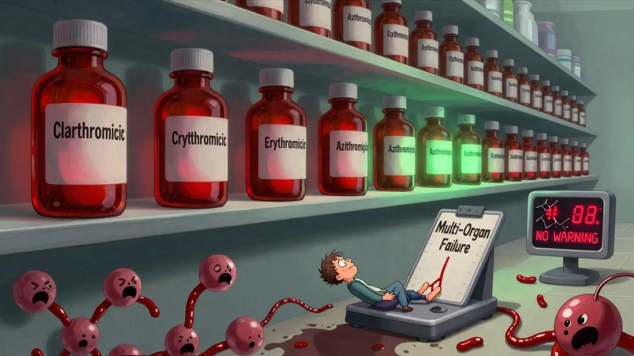 薬の棚に赤い警告薬と緑の安全薬が並び、患者が危険なスケールで傾いている。