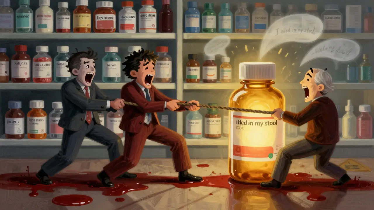 薬の瓶が戦う surreal イラスト、アセトアミノフェンだけが光り、患者の声が幽霊のように浮かぶ。