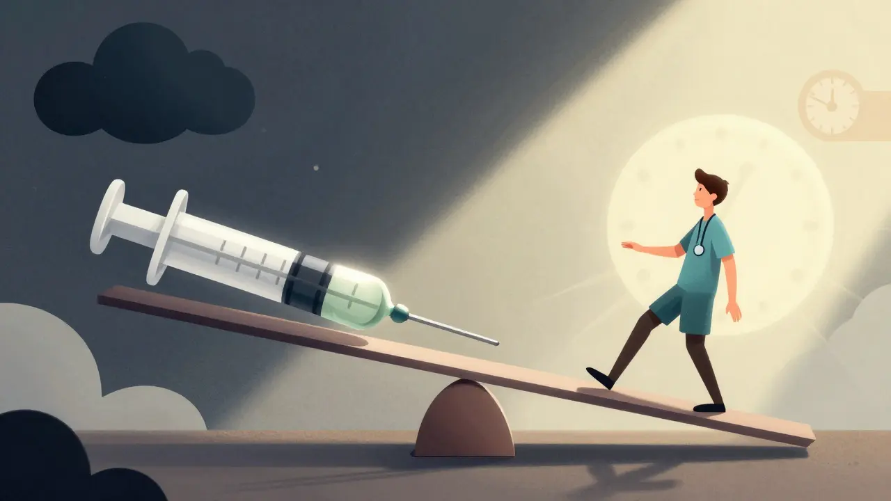 薬と生活習慣のバランスを取る人物と、周囲の複雑な状況。