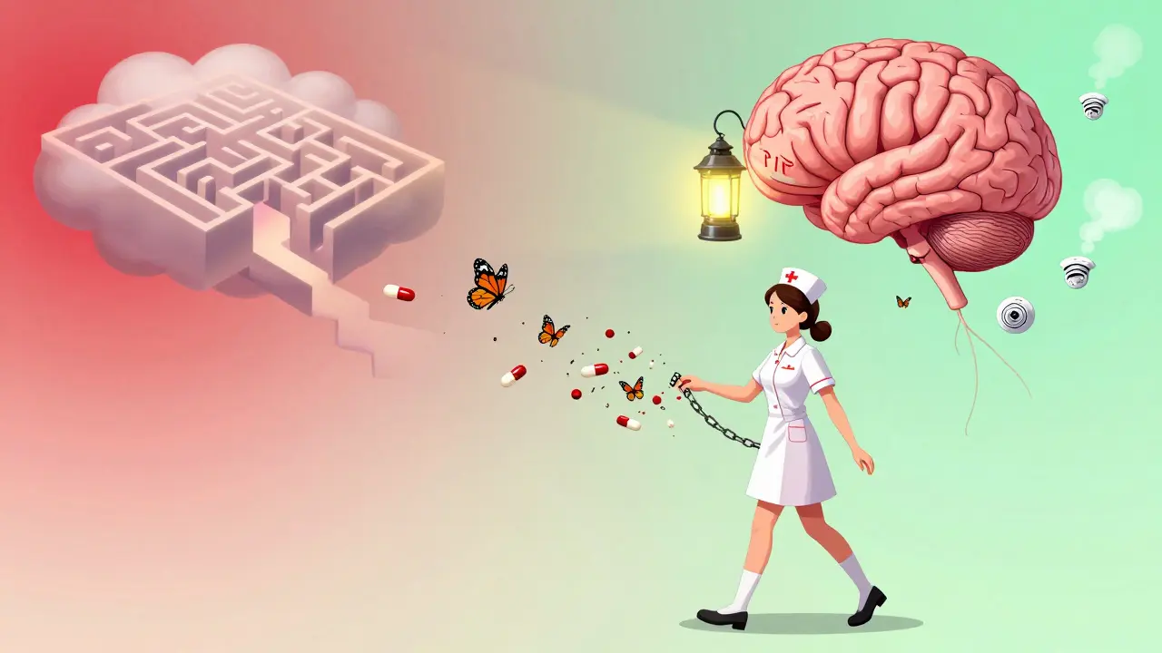 鎮痛剤が蝶に変わり、脳のランタンが恐れの迷路を照らすナースの様子を描いたイラスト。