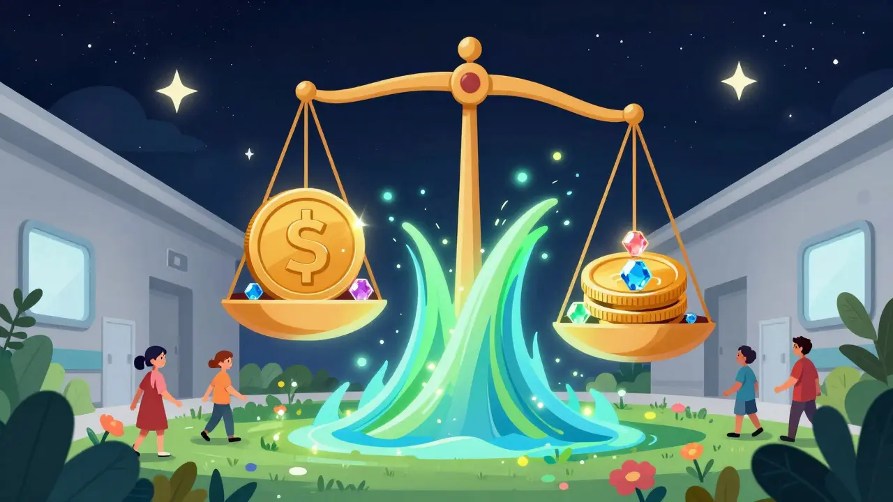 バイオシミラーによる医療費削減が社会全体の健康と豊かさをもたらすイメージ