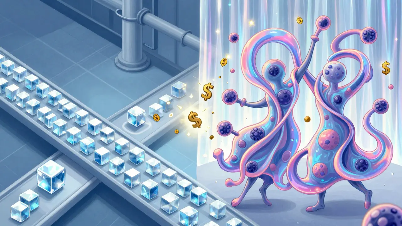 単純な構造のジェネリック医薬品と、複雑で有機的なバイオシミラーの構造的な違い