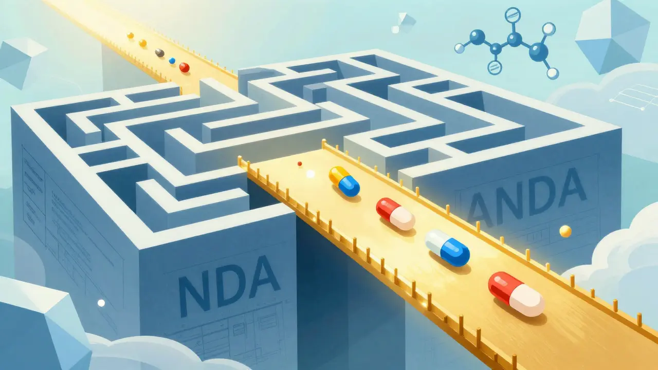 ハッチ・ワックスマン法によるジェネリック医薬品の承認ルートの簡略化を表現した図