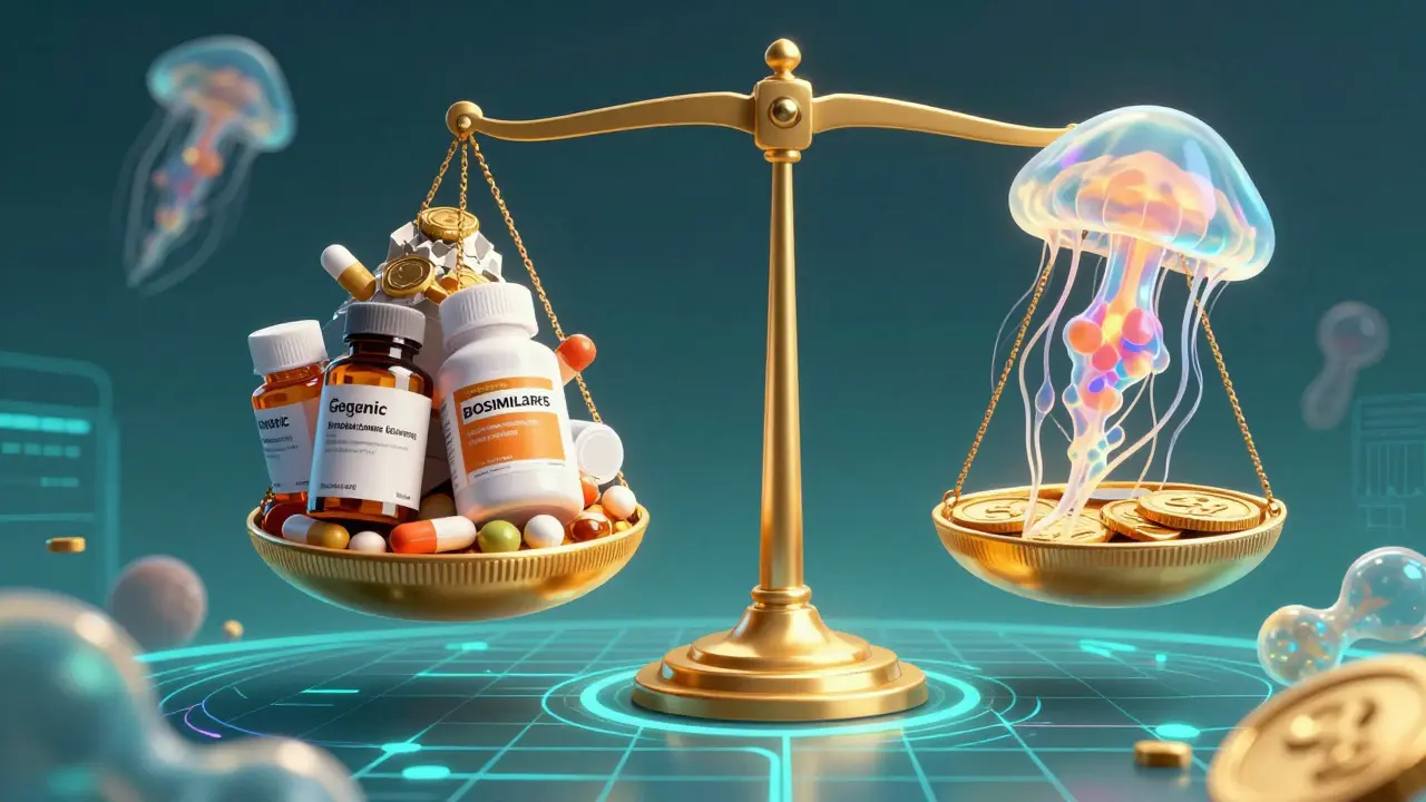 コスト削減を象徴する金色の天秤と、複雑な構造のバイオシミラーのイラスト