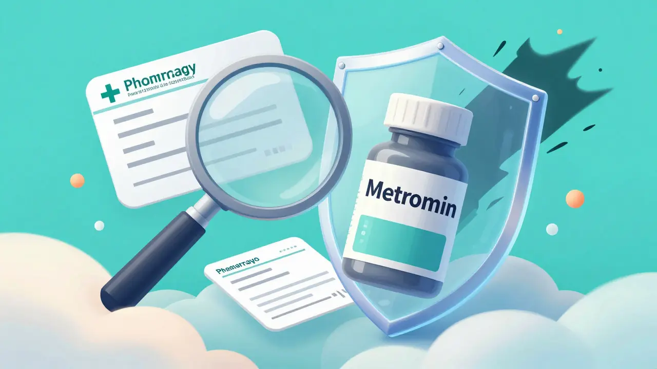 オンライン薬局の信頼性と安全性を象徴する処方箋と保護シールドのイラスト