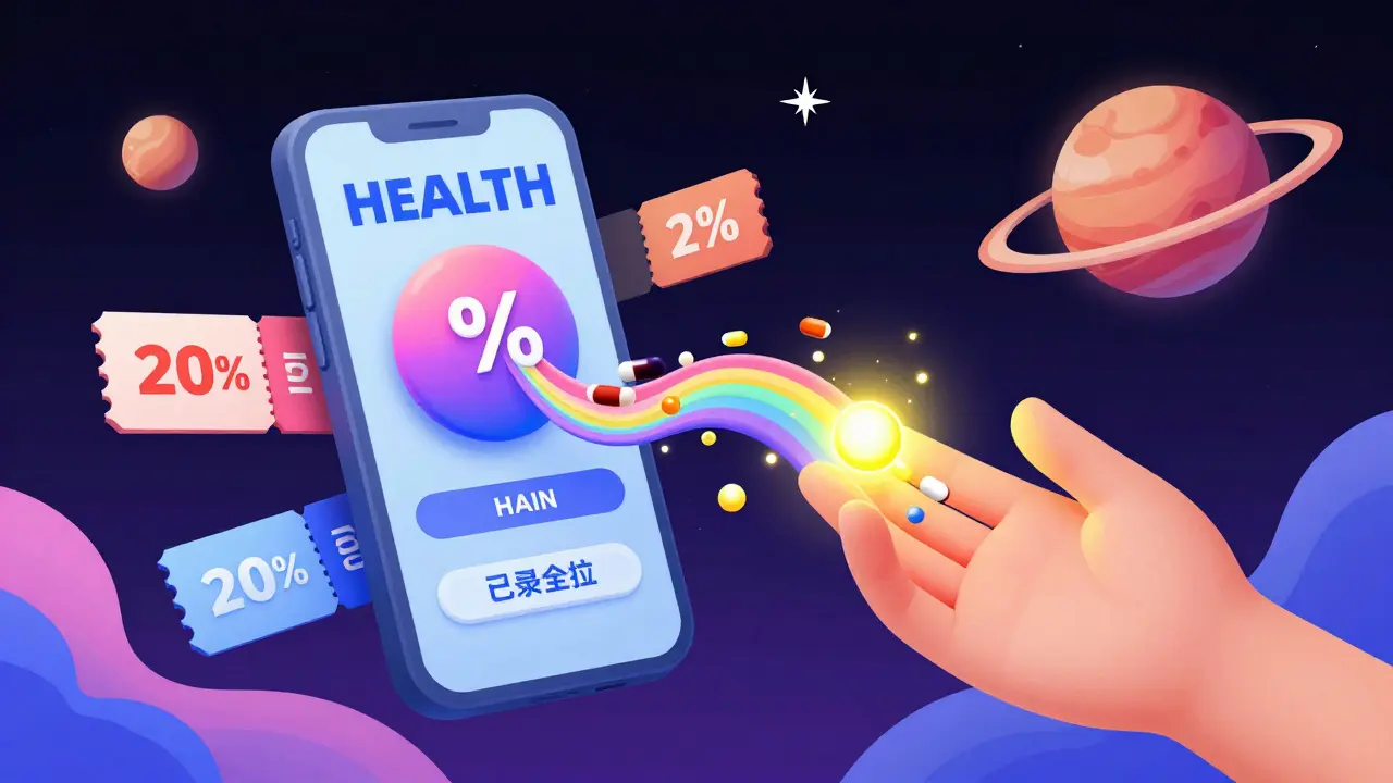 オンラインで薬の割引クーポンを探す様子を描いたシュールなデジタルイラスト