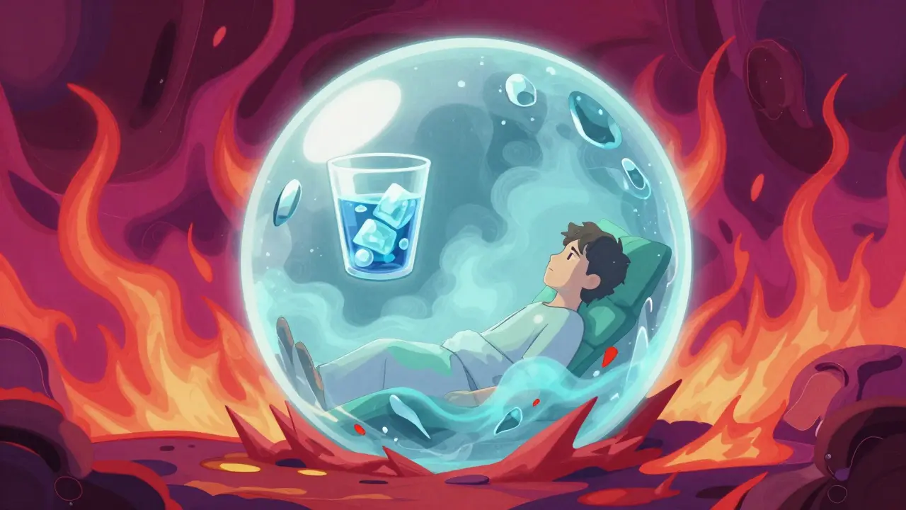 暑さから身を守る冷却環境と休息を象徴する抽象的なイラスト