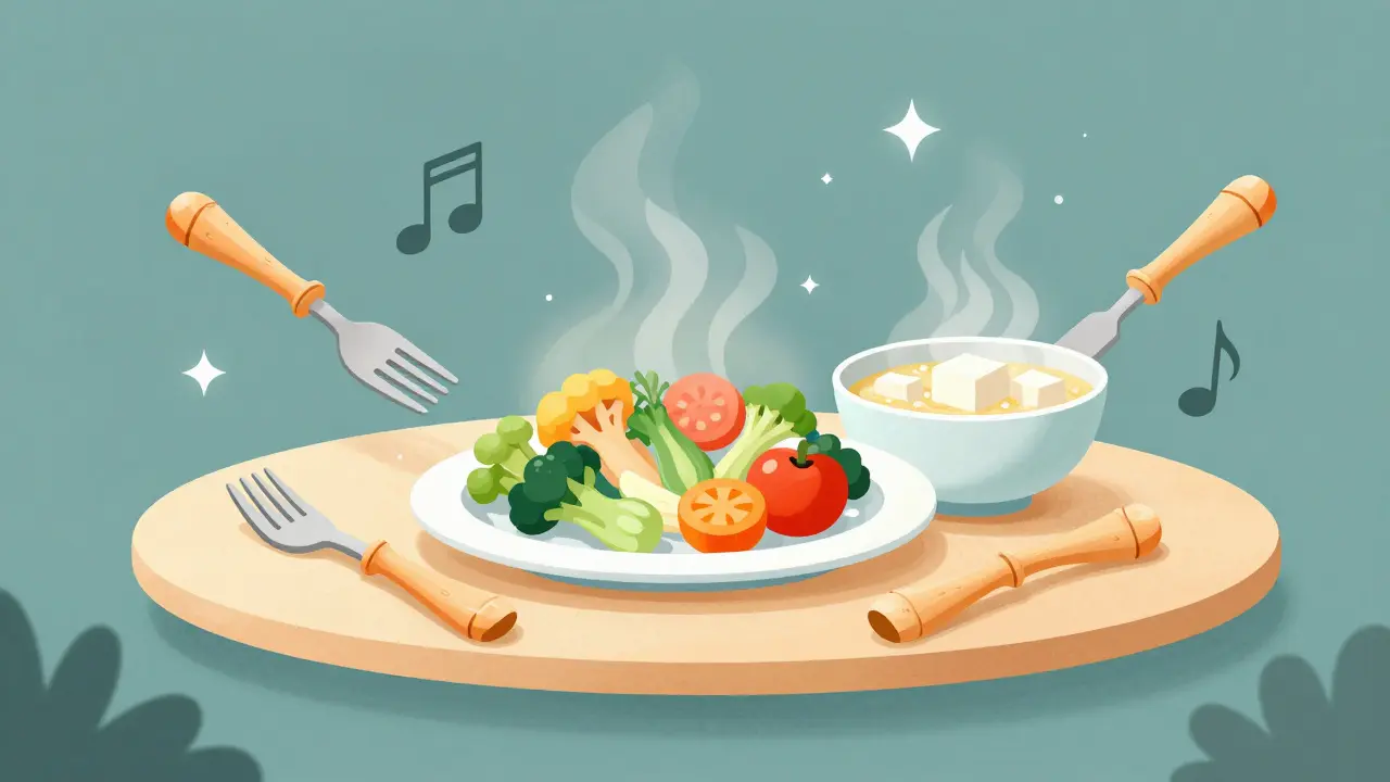 味覚の変化に対応した心地よい食事環境を描いたシュールなイラスト